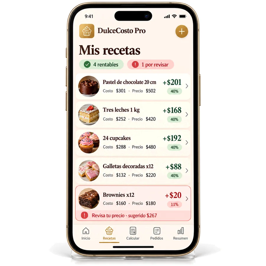 App DulceCosto Pro: lista de recetas con costo, precio, ganancia y alerta de precio