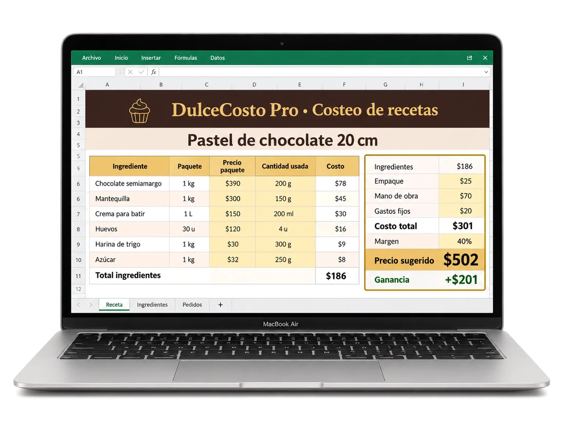 Planilla de Excel DulceCosto Pro en una MacBook: ingredientes, costos y precio sugerido